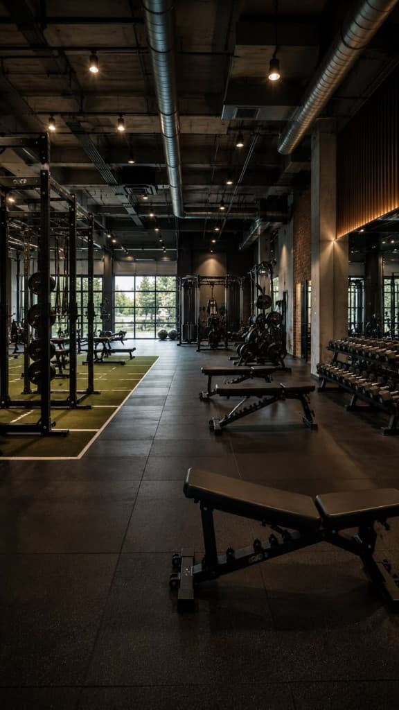 Dimly lit modern gym with black equipment